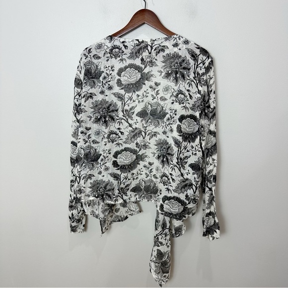 Flax Black and White Floral Linen Tie Front Asymmetric Cardigan Top Large - Picture 9 of 14